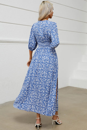 Blue Floral V Neck Half Sleeves Long Summer Dress with Slit